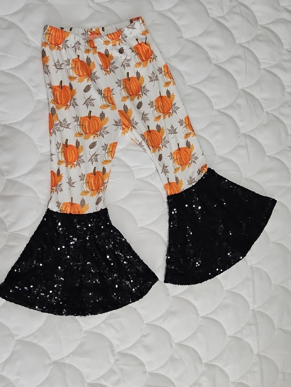 Pumpkin Print Kids Bell Bottoms with Black Sequin Ruffles
